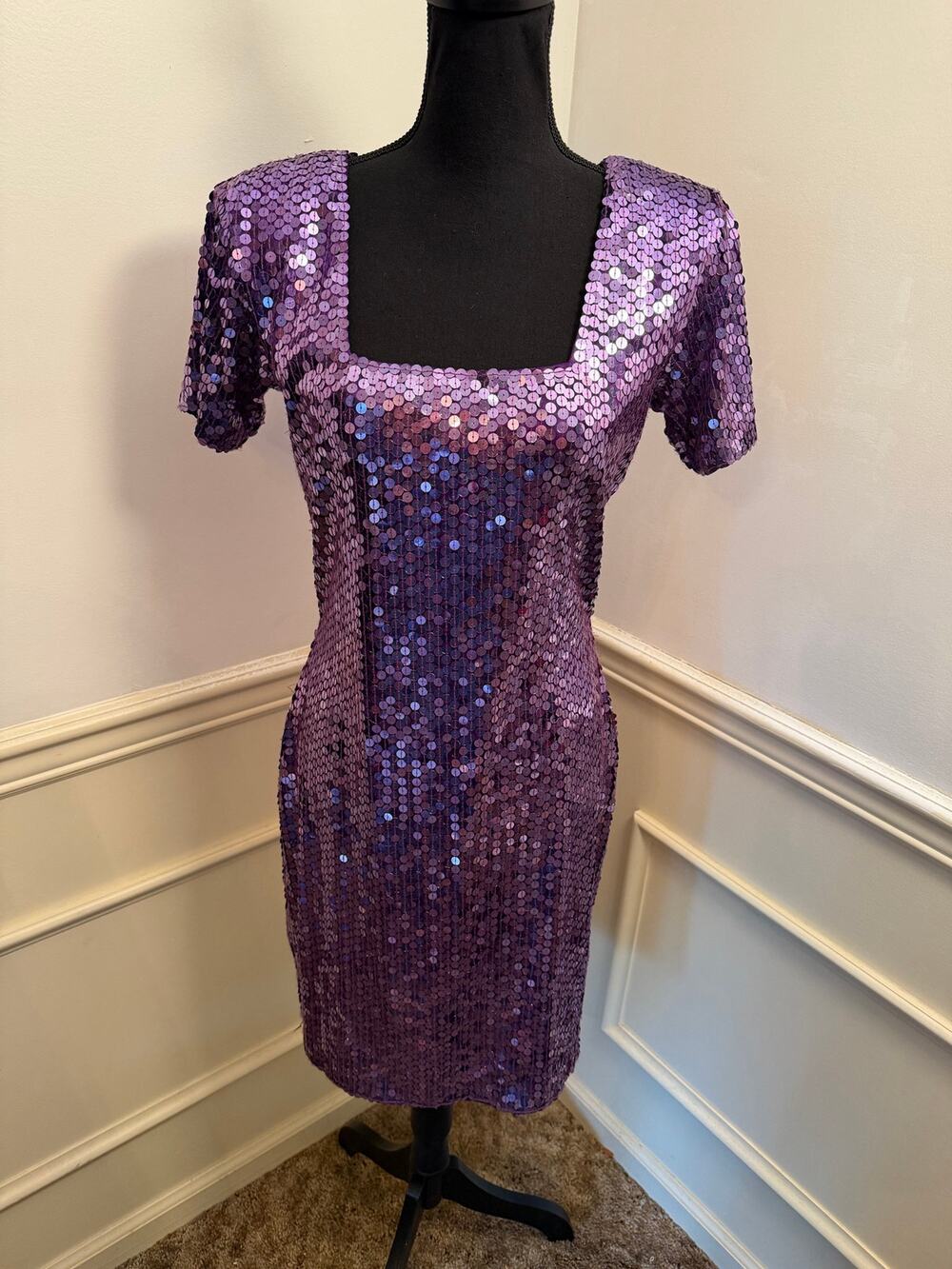 Vintage Nite Line 1980s Purple Sequin Square Neck Dress Mini Cocktail Fisco Glam